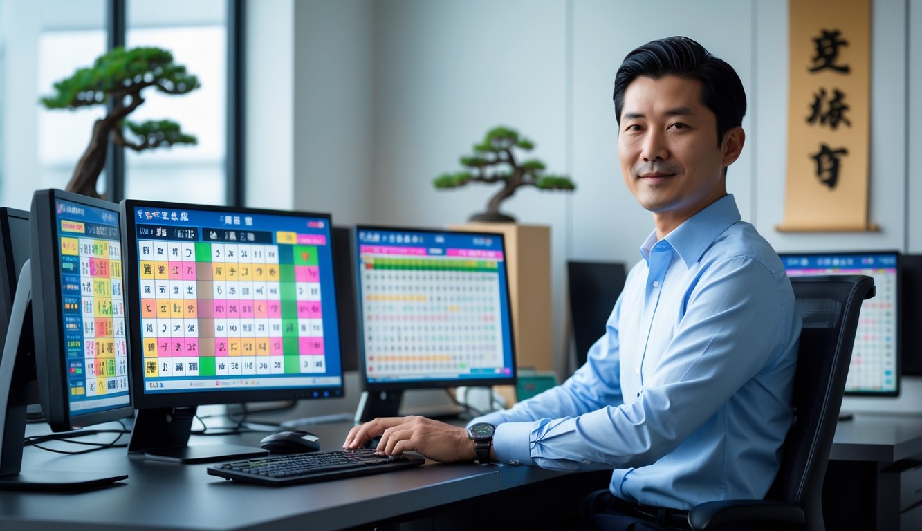 Seorang pria Asia duduk di kantor modern dengan beberapa monitor komputer yang menampilkan angka lotre dan grafik, dengan tanaman bonsai kecil di latar belakang.