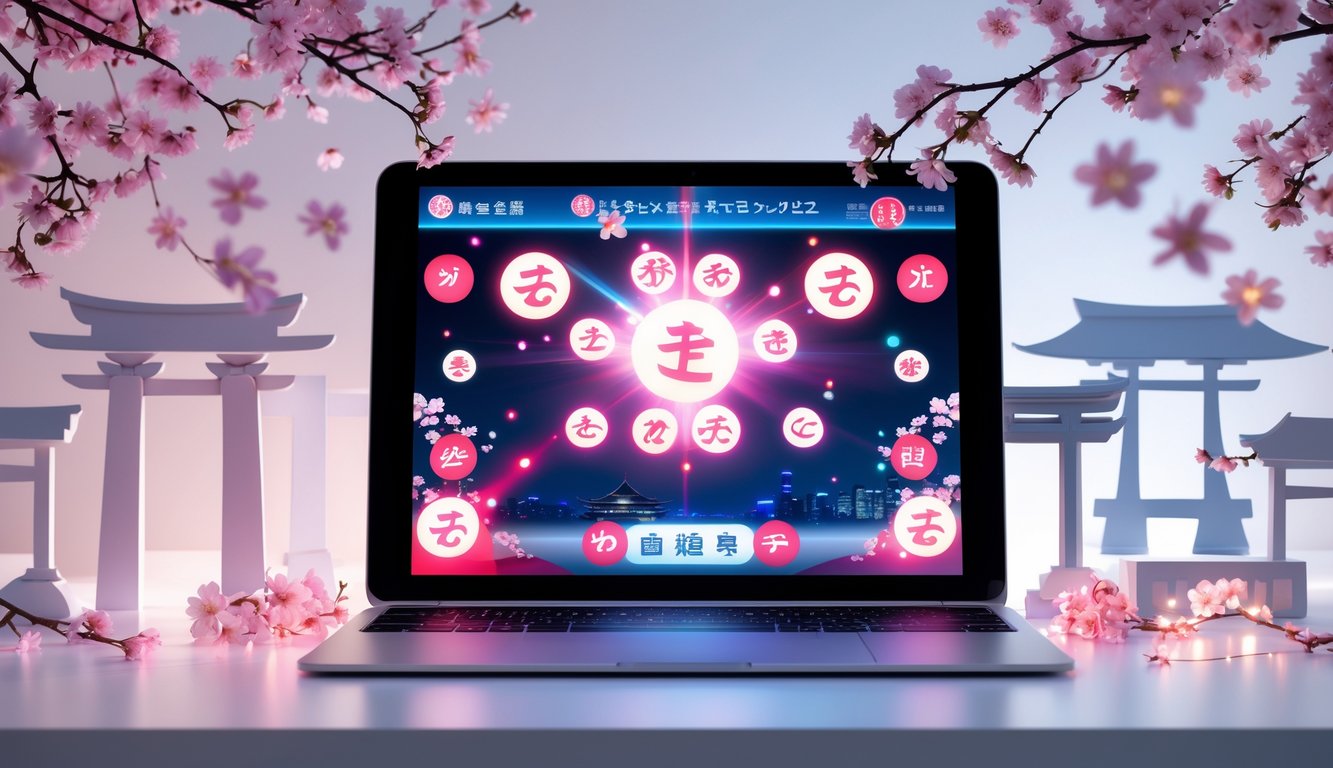 Layar perangkat modern menampilkan antarmuka lotre online dengan elemen budaya Jepang di latar belakang.