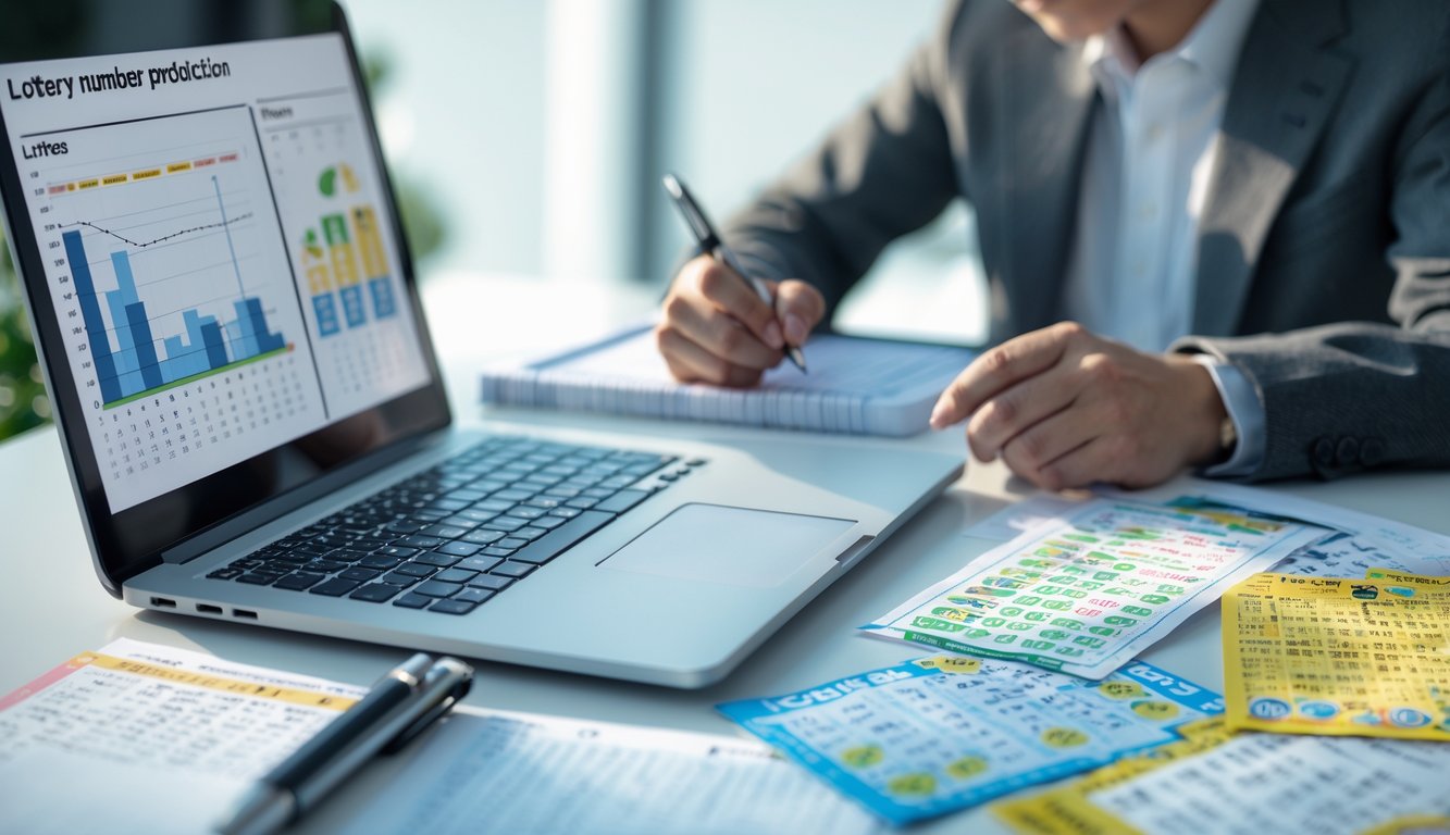 Seseorang sedang menganalisis data angka togel Jepang di sebuah meja kerja dengan laptop dan kertas catatan.