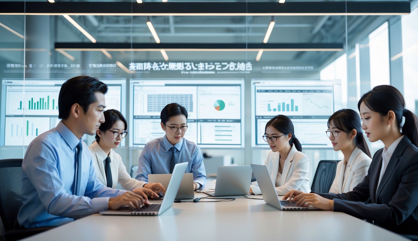 Sekelompok profesional sedang bekerja di kantor modern dengan layar digital yang menampilkan grafik dan data.