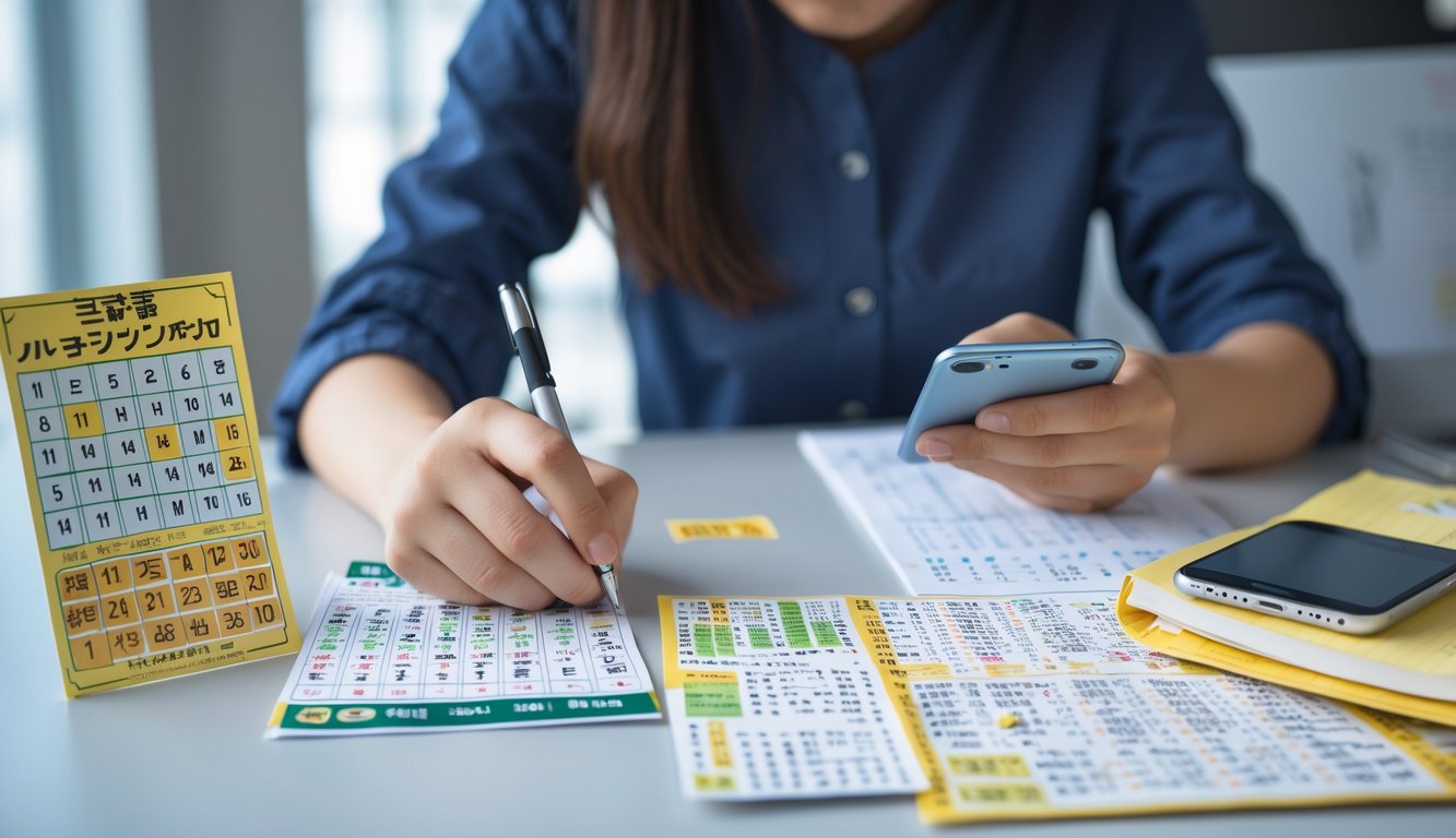 Seseorang sedang duduk di meja dengan tiket lotre Jepang, smartphone, dan buku catatan sambil menandai angka dengan pena.