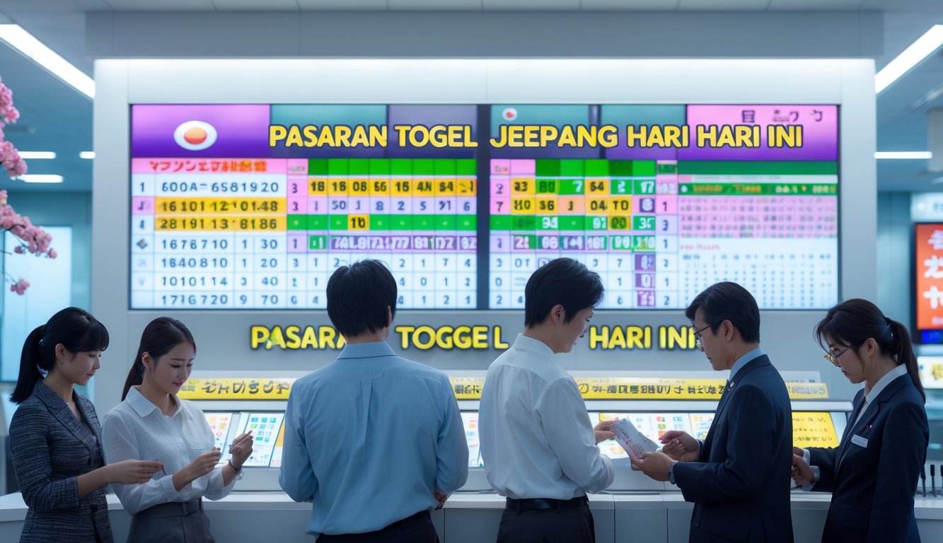 Orang-orang memeriksa tiket lotere Jepang di depan layar digital dengan angka dan grafik terkait hasil lotere.