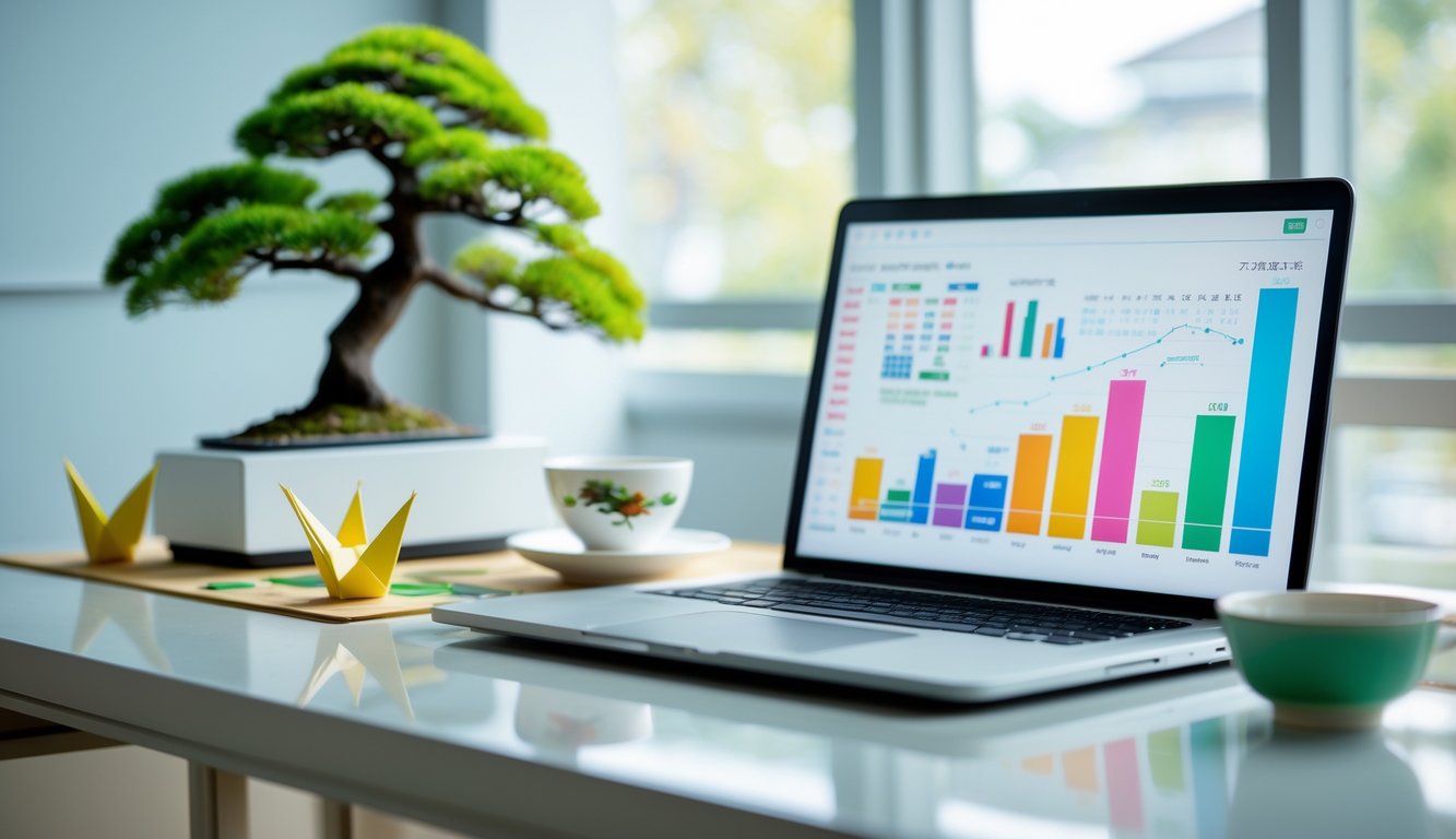 Meja kerja dengan laptop menampilkan grafik dan pohon bonsai kecil di sampingnya.