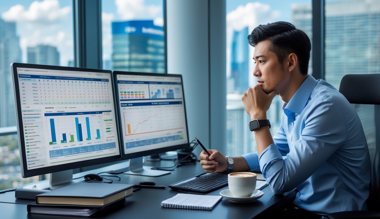 Seorang pria sedang duduk di meja kerja dengan perangkat digital dan catatan, fokus menganalisis strategi togel Jepang di kantor modern.