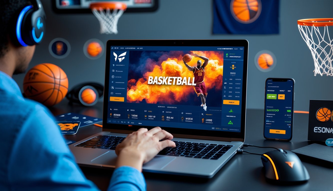 Seseorang menggunakan komputer untuk bertaruh online pada pertandingan basket esports dengan tampilan layar permainan dan elemen taruhan digital di sekitar.