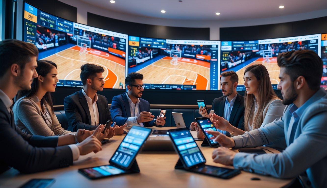 Sekelompok orang muda sedang menggunakan perangkat digital untuk memasang taruhan pada permainan basket virtual di ruangan modern.