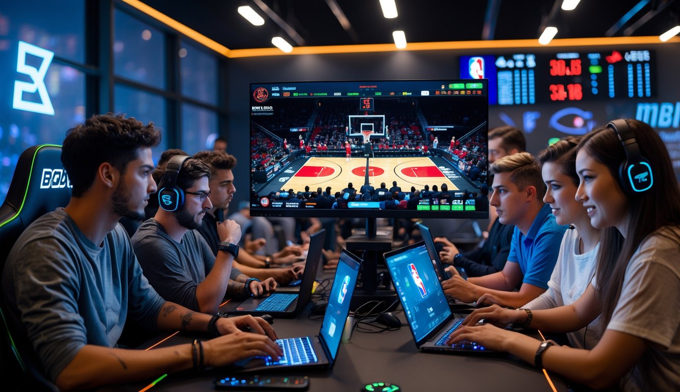Sekelompok orang muda sedang menonton pertandingan NBA esports dan menggunakan perangkat elektronik untuk bertaruh.
