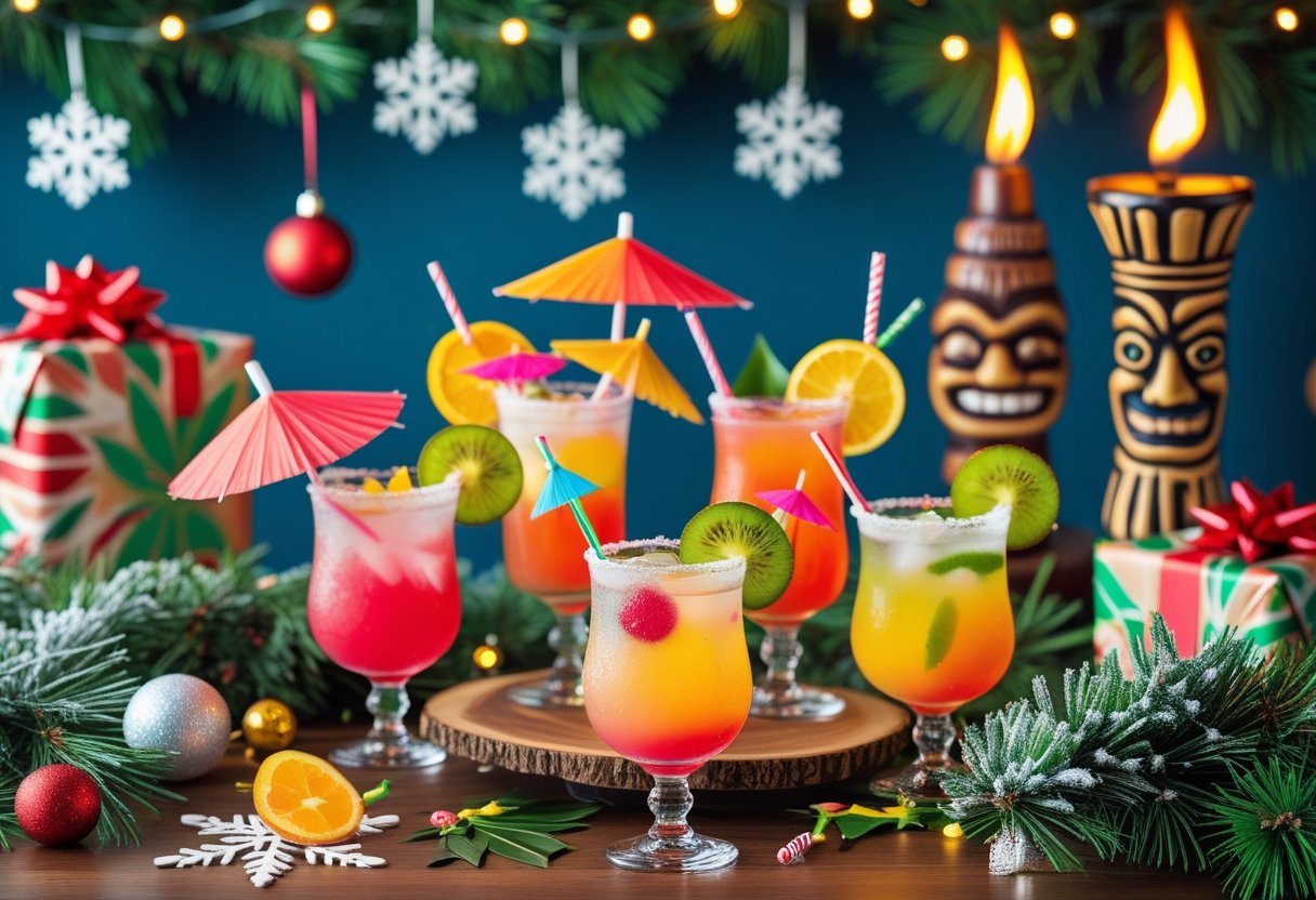 A table set with colorful tiki cocktails and winter-themed decorations including pine branches and snowflake ornaments.