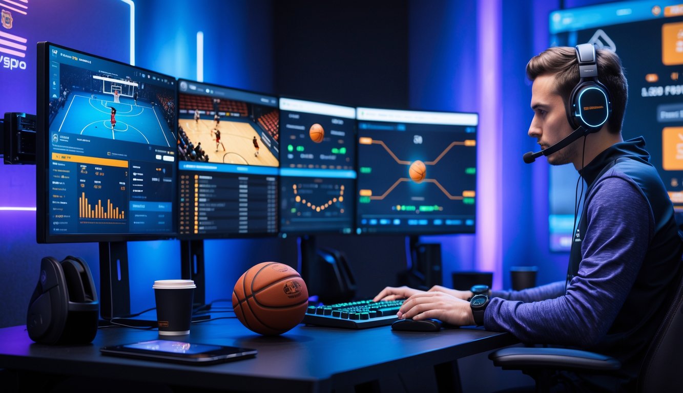 Seorang analis esports sedang memprediksi skor pertandingan basket dengan setup komputer modern dan layar yang menampilkan statistik dan grafik skor.