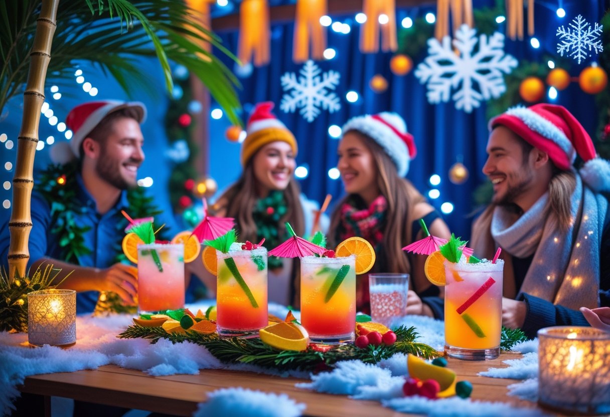 A festive indoor tiki holiday party with tropical decorations, winter-themed accents, colorful cocktails, and people enjoying the celebration.