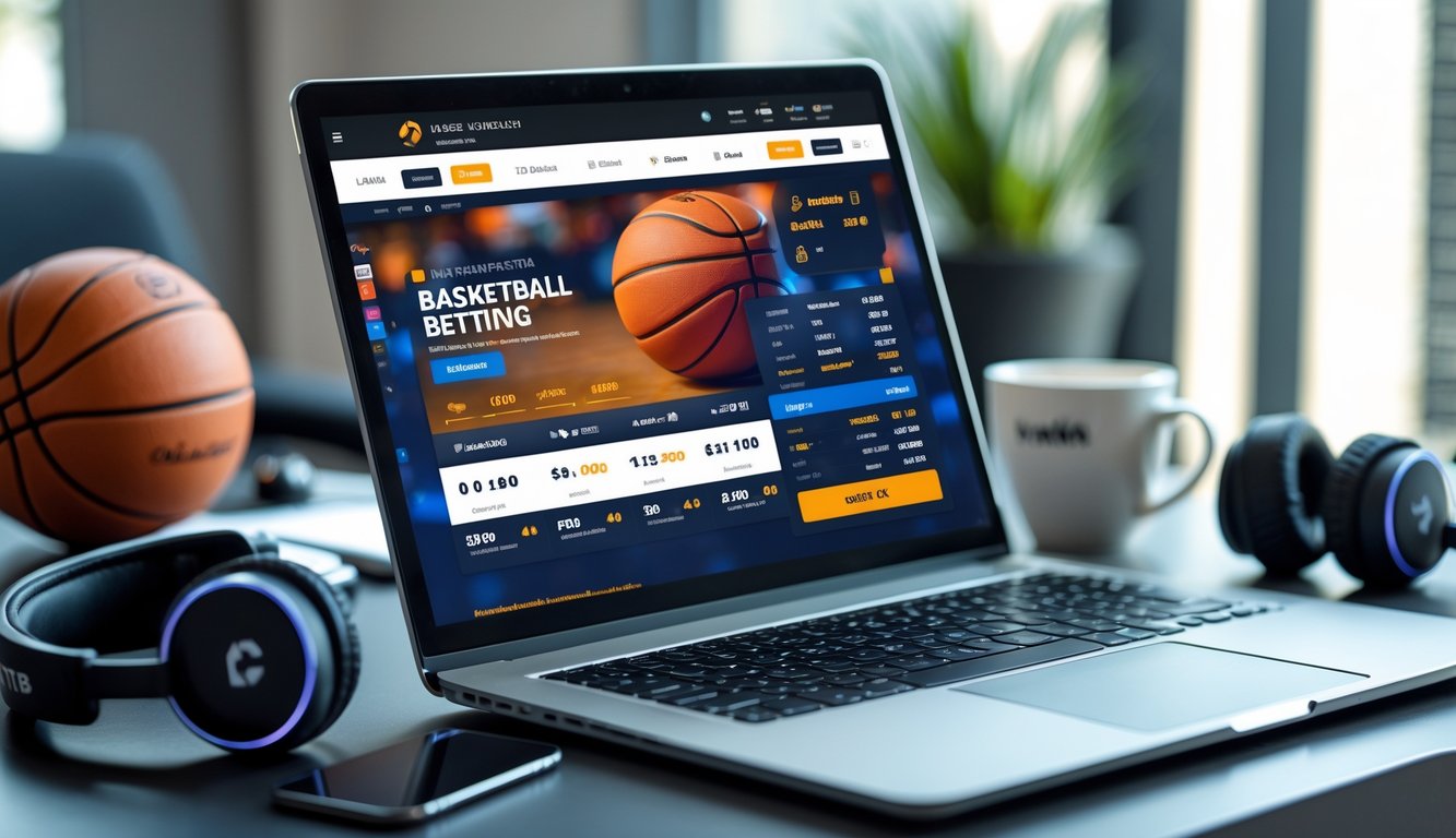 Seorang pengguna menggunakan laptop dengan tampilan situs judi basket online, di meja terdapat bola basket dan headphone.