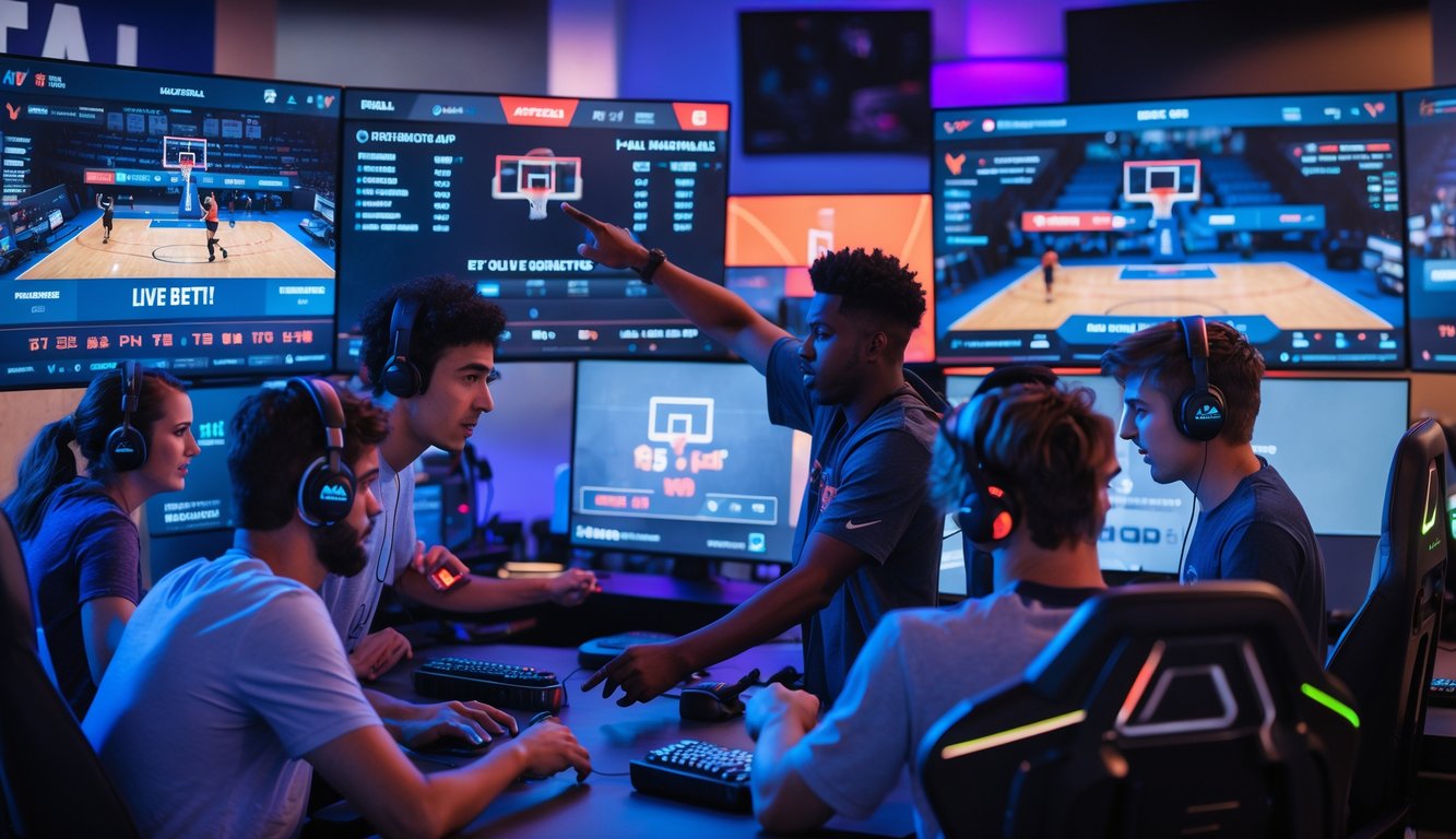 Sekelompok orang muda sedang fokus bermain dan bertaruh langsung pada pertandingan basket esports di ruang permainan modern.