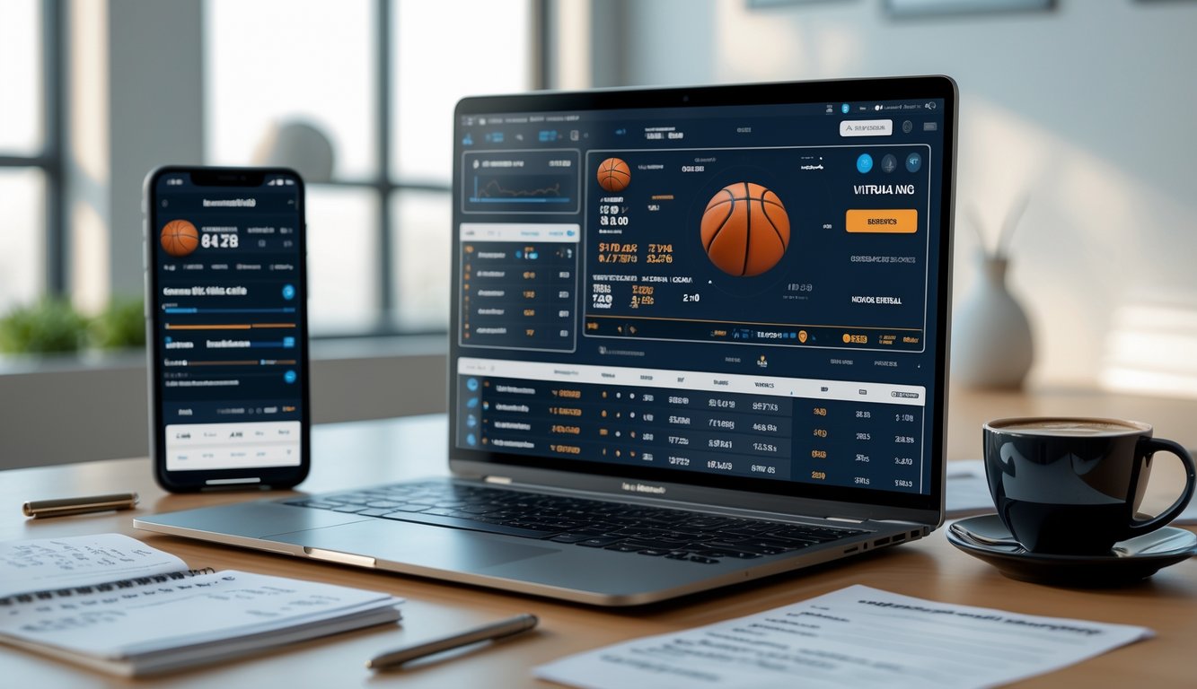 Meja kerja dengan laptop yang menampilkan statistik basket virtual dan taruhan, dikelilingi catatan, ponsel dengan permainan basket virtual, dan secangkir kopi.