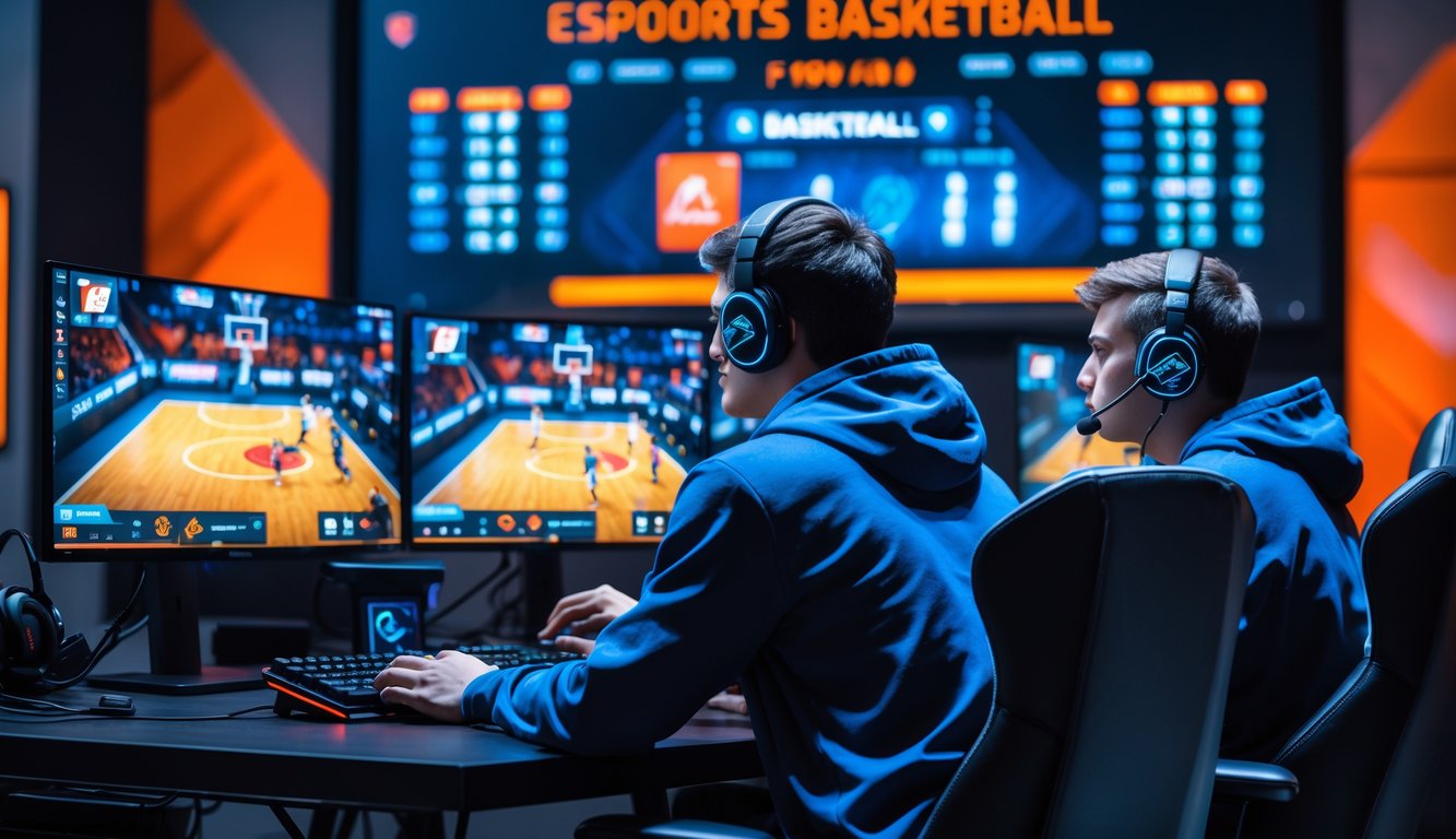 Dua pemain muda sedang bermain game basket esports dengan fokus di arena esports modern.