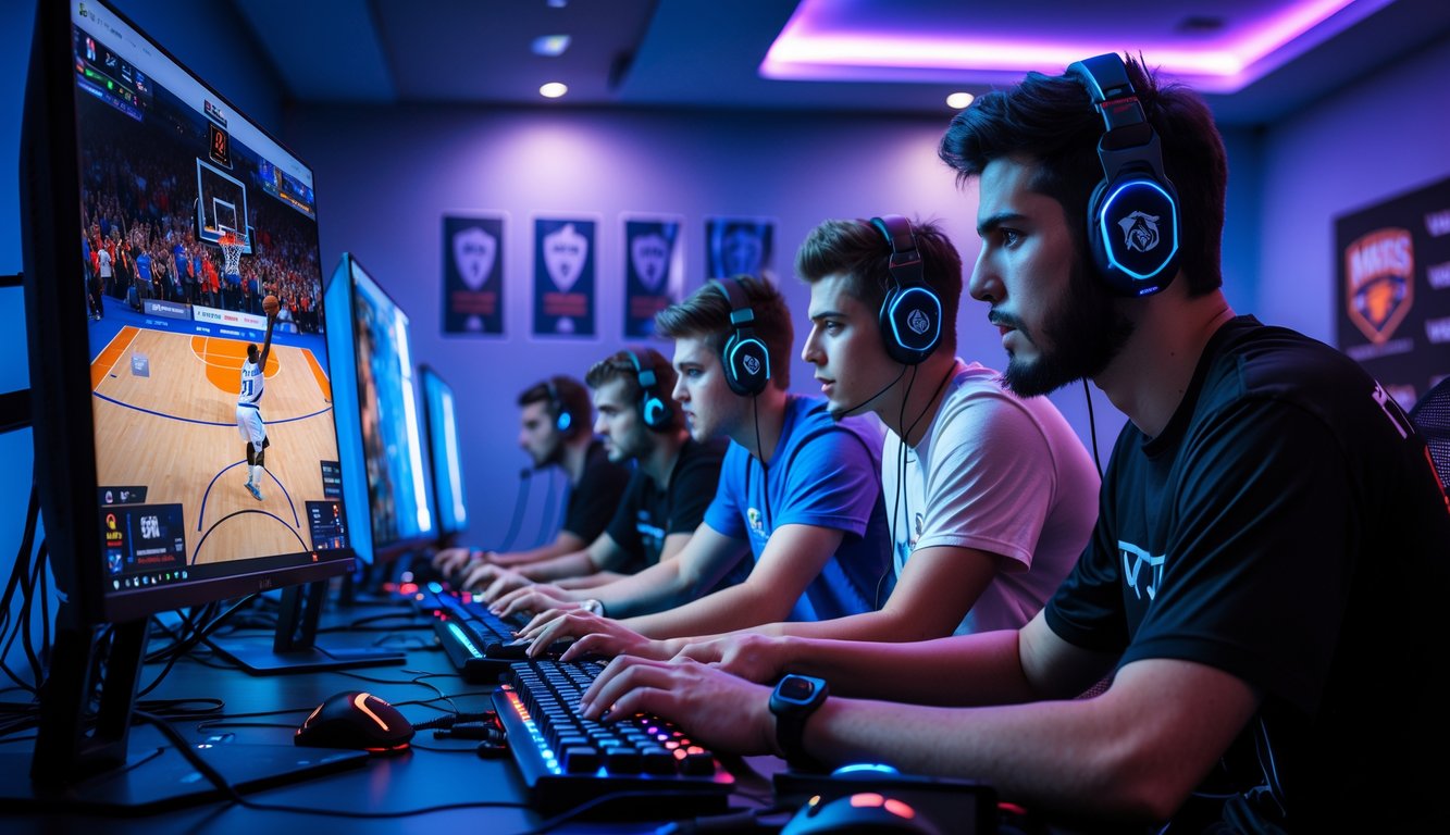 Sekelompok orang muda sedang fokus bermain permainan basket esports di ruangan gaming modern dengan peralatan komputer canggih.