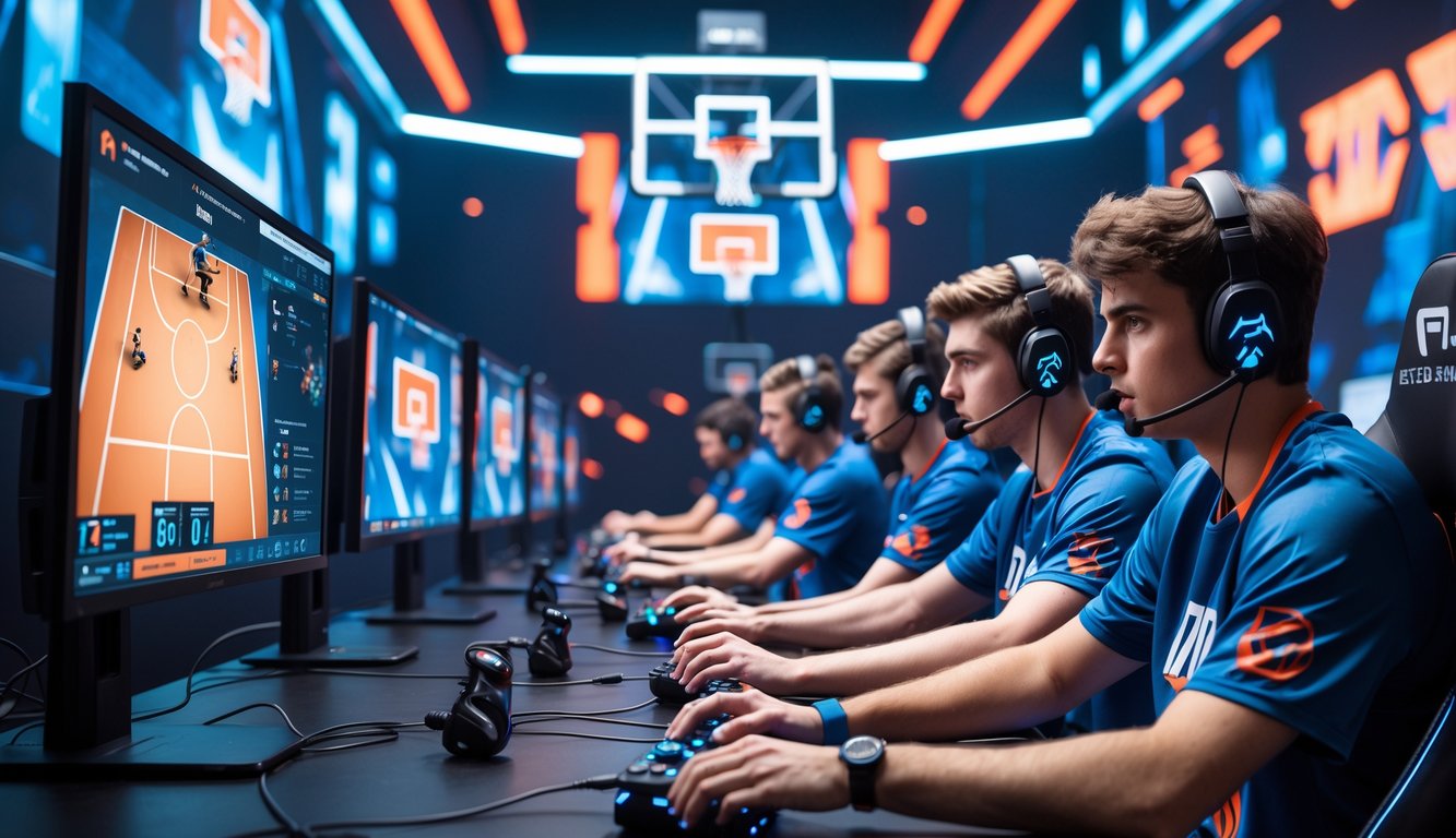 Beberapa orang muda bermain turnamen basket virtual di ruangan dengan layar besar dan peralatan gaming.