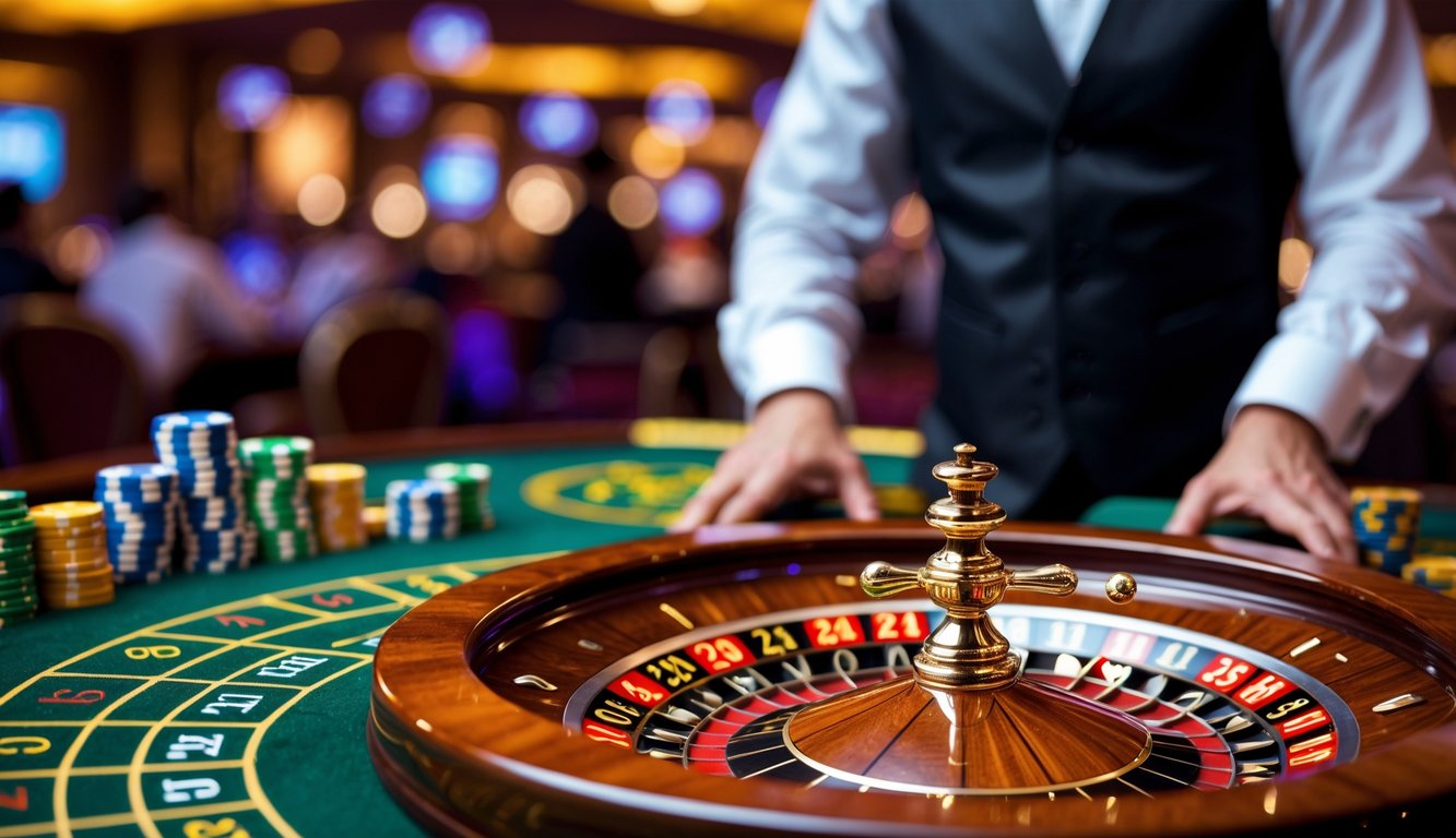 Meja roulette kasino langsung dengan roda roulette berputar dan dealer yang mengenakan rompi hitam sedang mengawasi permainan.