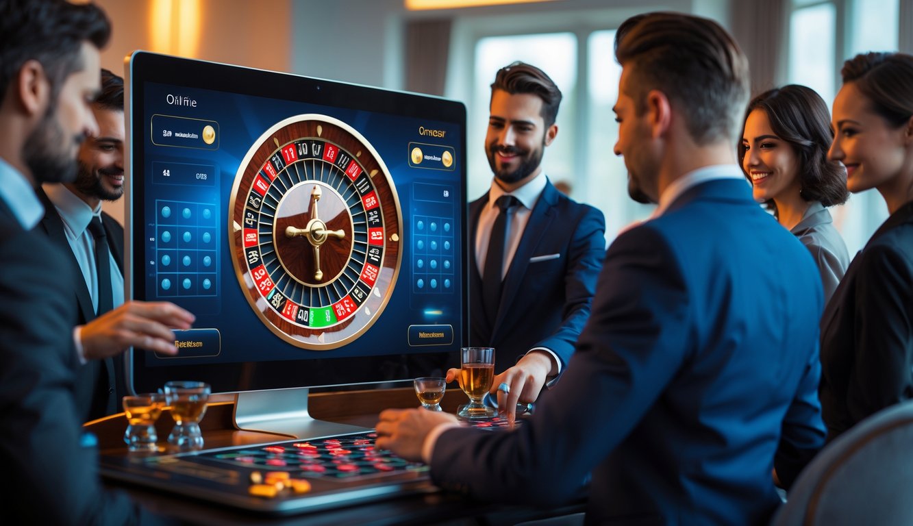 Orang-orang bermain roulette online secara langsung dengan roda roulette yang terlihat di layar komputer.