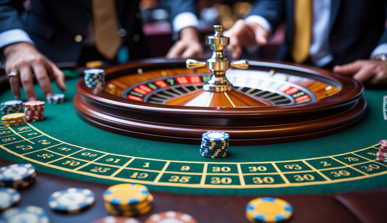 Meja roulette kasino dengan roda berputar dan chip taruhan, pemain dan dealer terlihat di latar belakang.