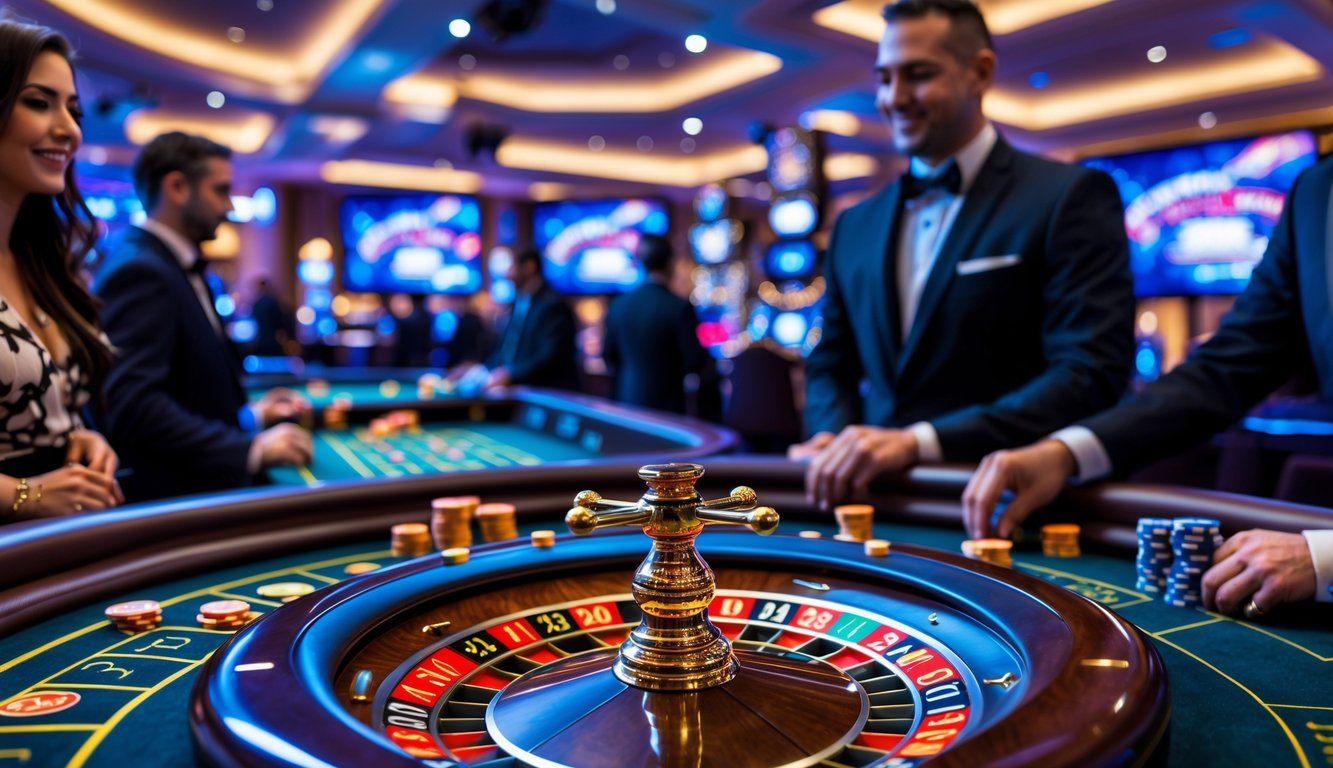 Meja roulette dengan roda yang berputar dan pemain yang sedang memasang taruhan dalam suasana kasino yang ramai.