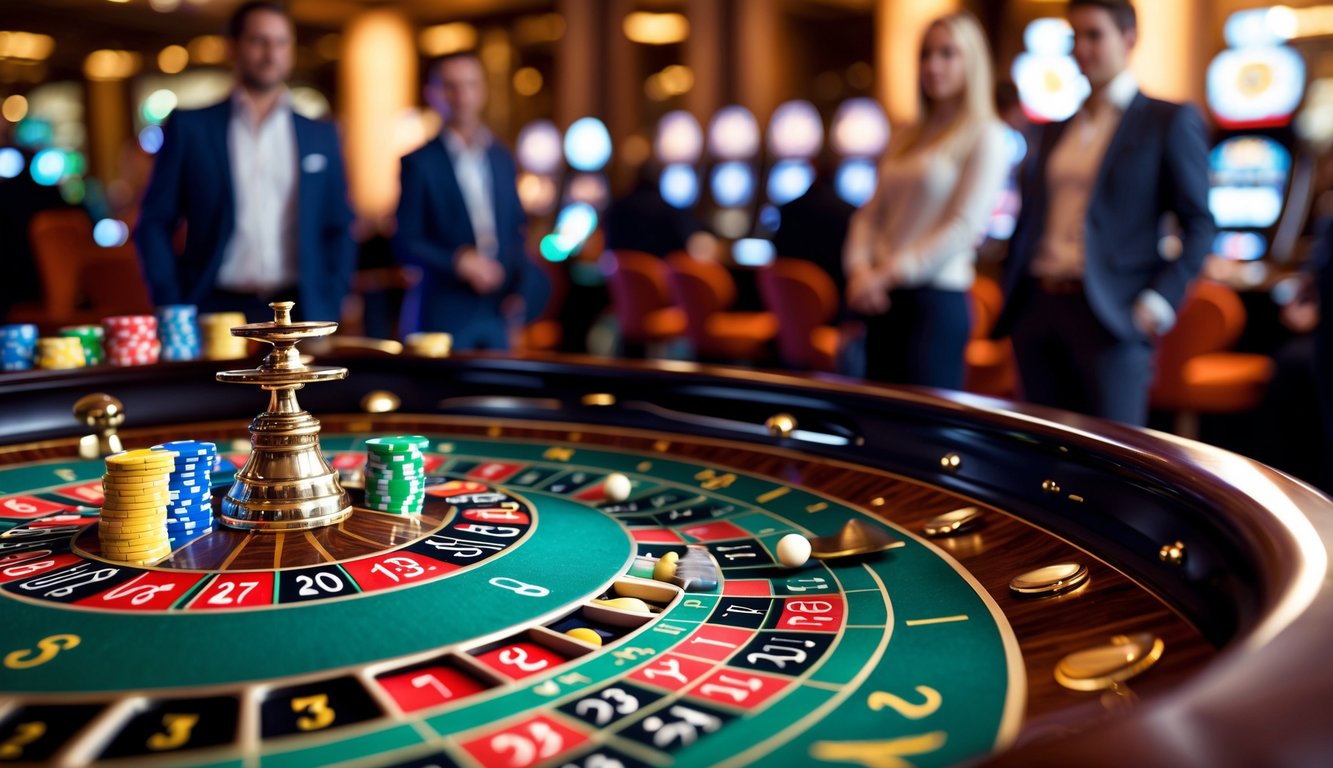 Meja roulette kasino dengan roda roulette yang berputar dan pemain di latar belakang.