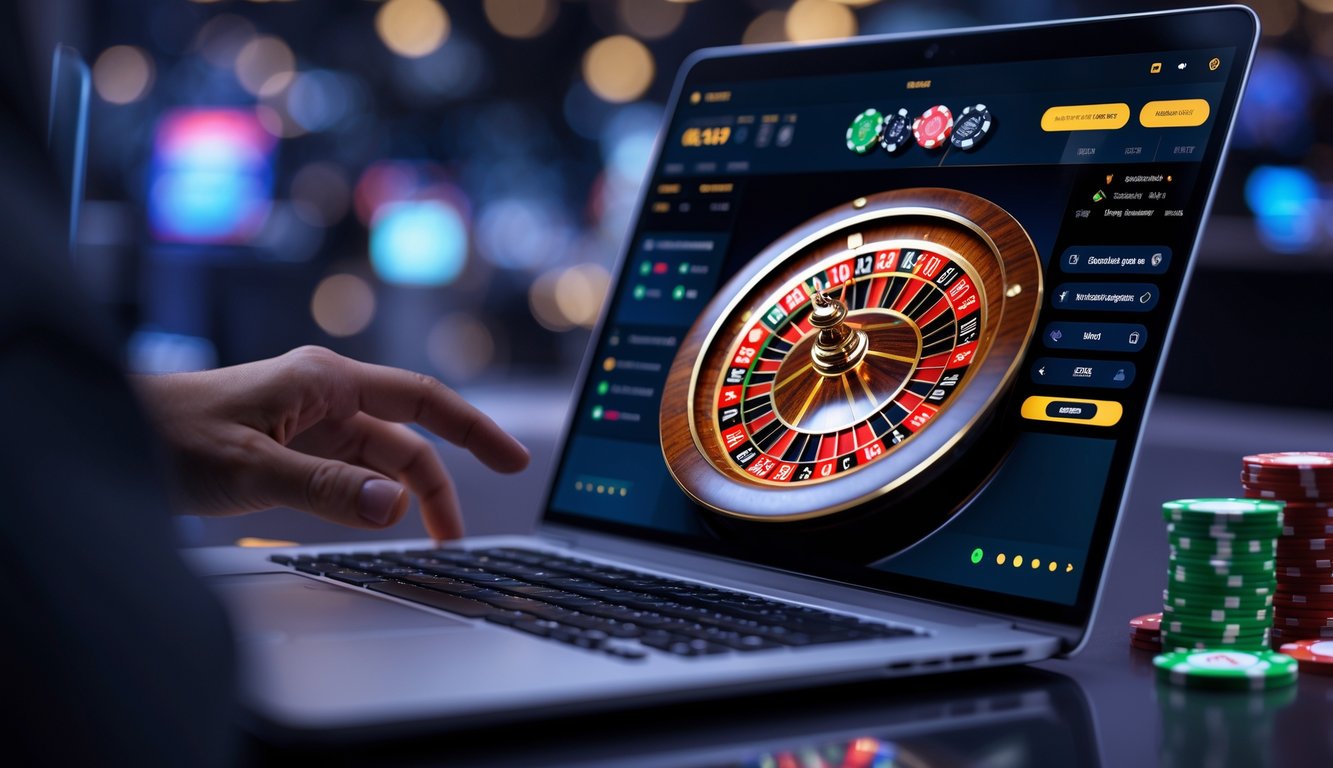 Layar komputer menampilkan permainan roulette online dengan roda roulette berputar dan chip kasino di sekitarnya.