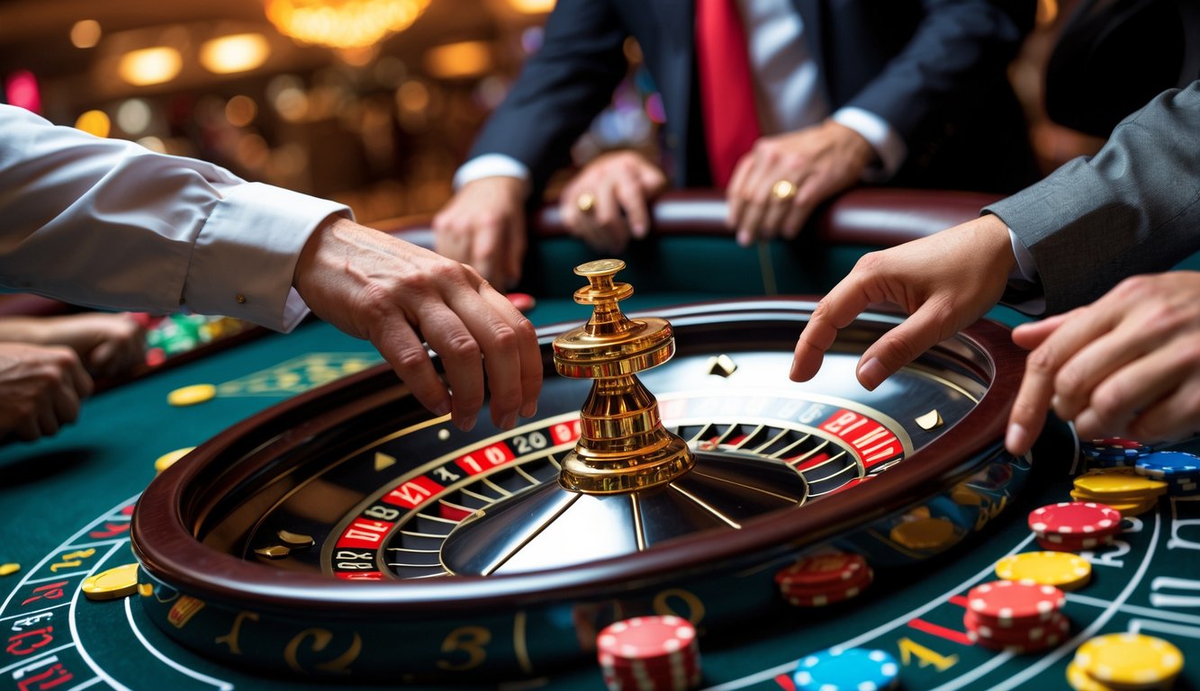 Meja roulette dengan roda roulette yang sedang berputar dan tangan pemain yang menaruh chip taruhan.