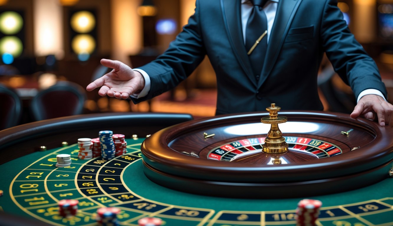 Seorang dealer berdiri di belakang meja roulette dengan roda roulette dan chip taruhan di atas meja.