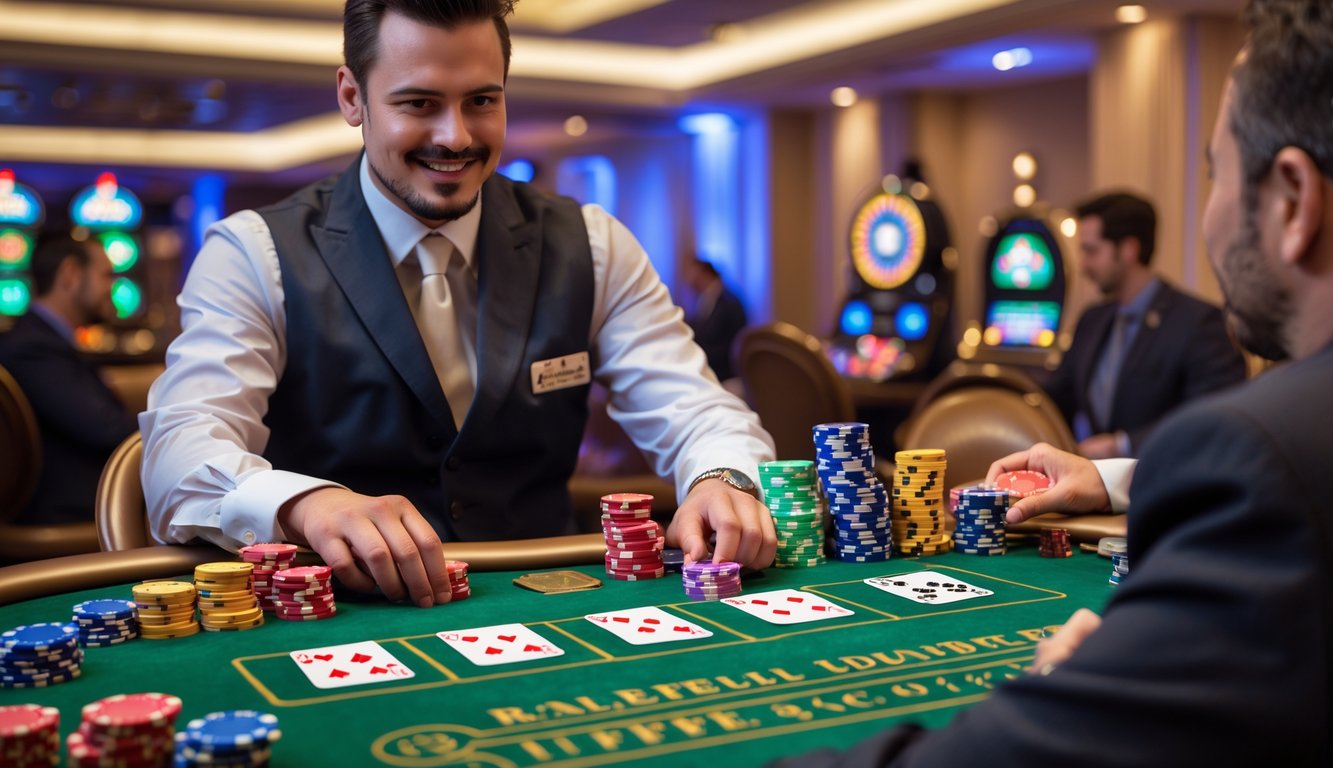 Meja permainan kasino langsung dengan dealer dan pemain yang sedang bermain kartu dan poker chip di meja hijau.