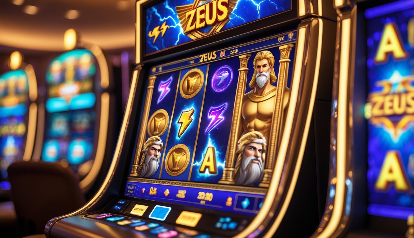 Mesin slot bertema dewa Zeus dengan simbol petir dan elang di dalam kasino yang terang dan modern.