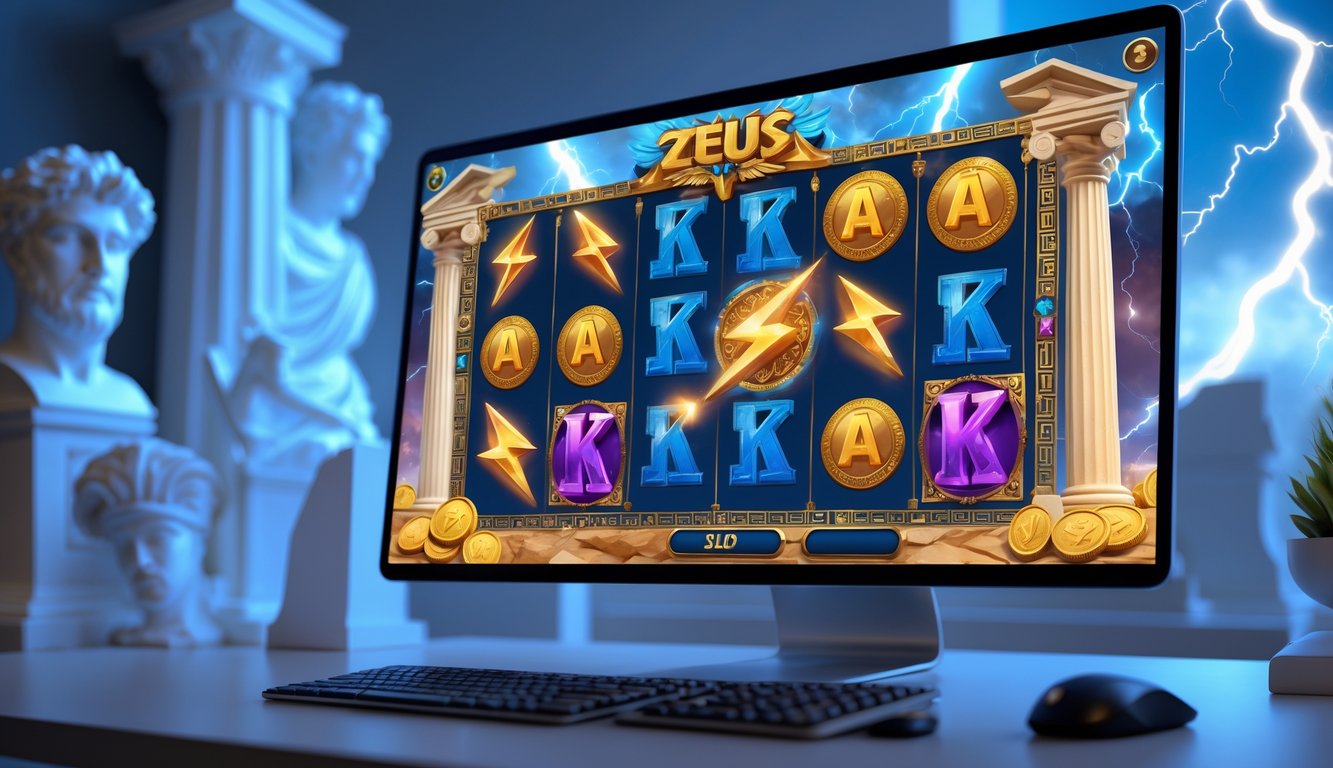 Layar komputer menampilkan permainan slot online bertema Zeus dengan simbol petir dan koin emas, di ruang kerja modern yang bersih.