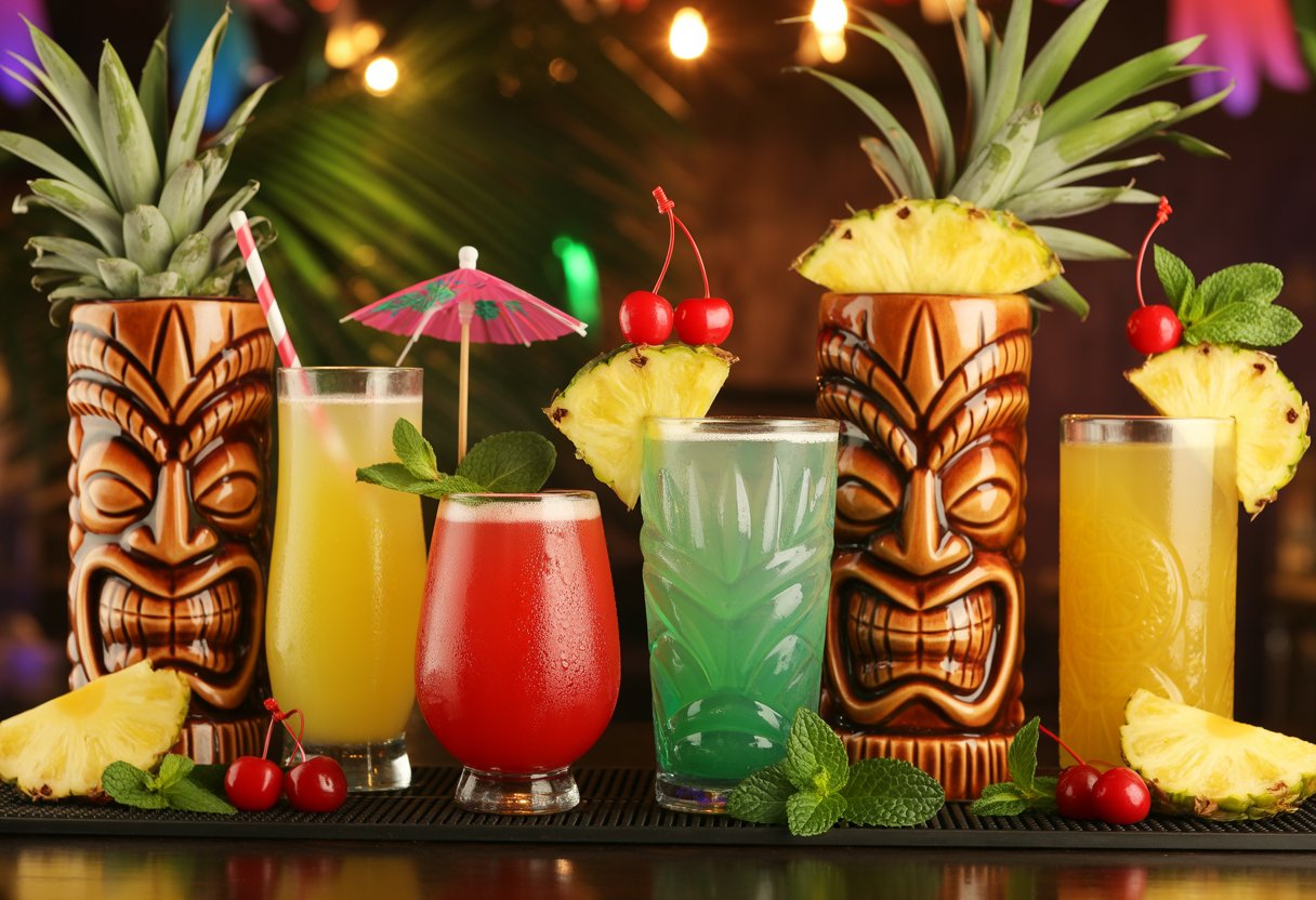 A variety of colorful tropical cocktails garnished with fruit and decorations on a bar counter during a festive celebration.