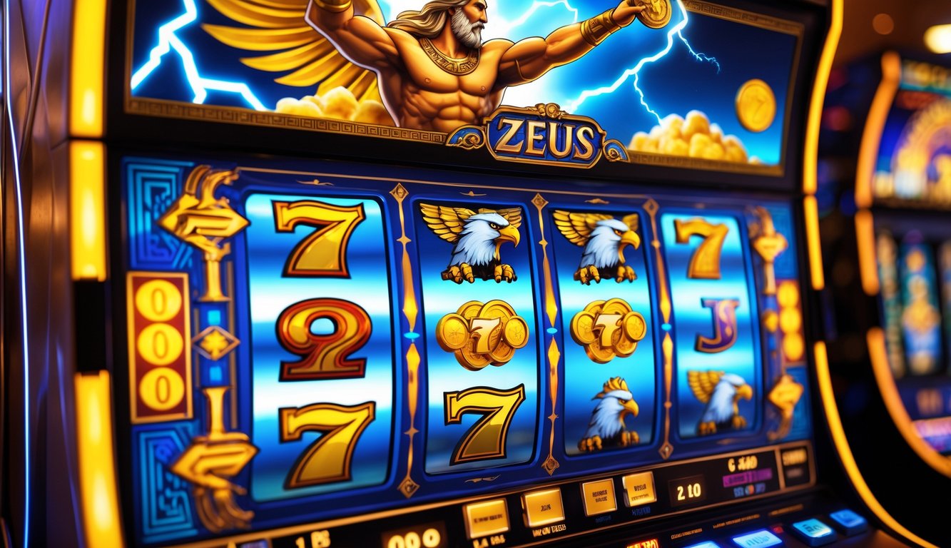 Mesin slot bertema Dewa Zeus dengan lampu jackpot menyala dan simbol petir di latar belakang kasino.