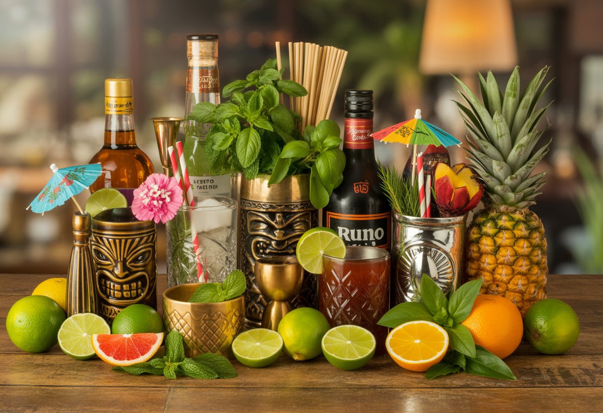 A table displaying fresh tropical fruits, rum bottles, tiki mugs, herbs, and cocktail decorations arranged for making tiki-style cocktails.