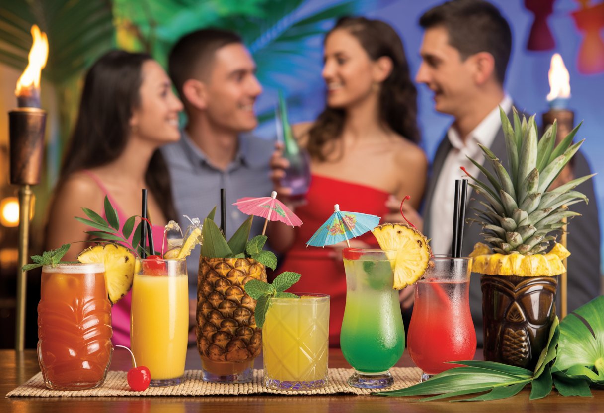 A festive party scene with colorful tropical cocktails on a wooden bar and people celebrating in the background.