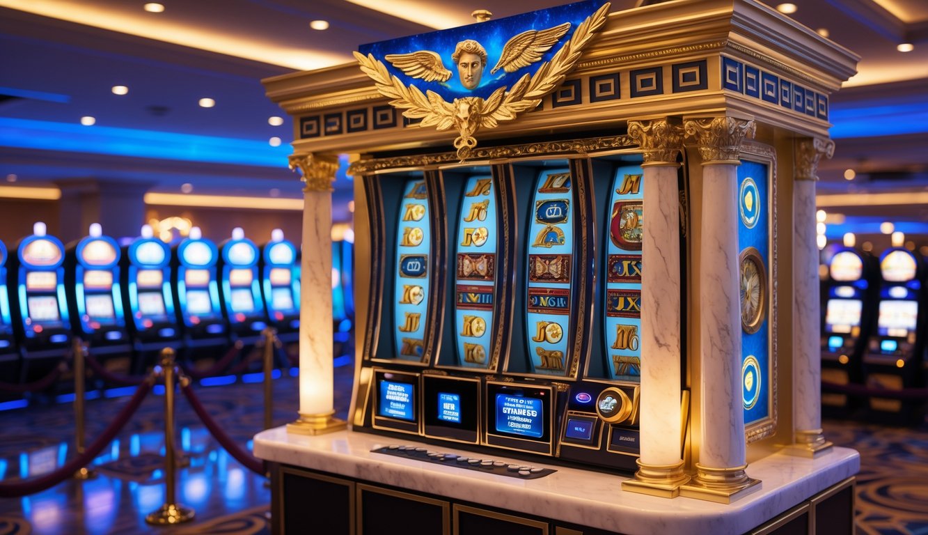 Mesin slot bertema Yunani dengan dekorasi klasik dan latar kasino mewah.