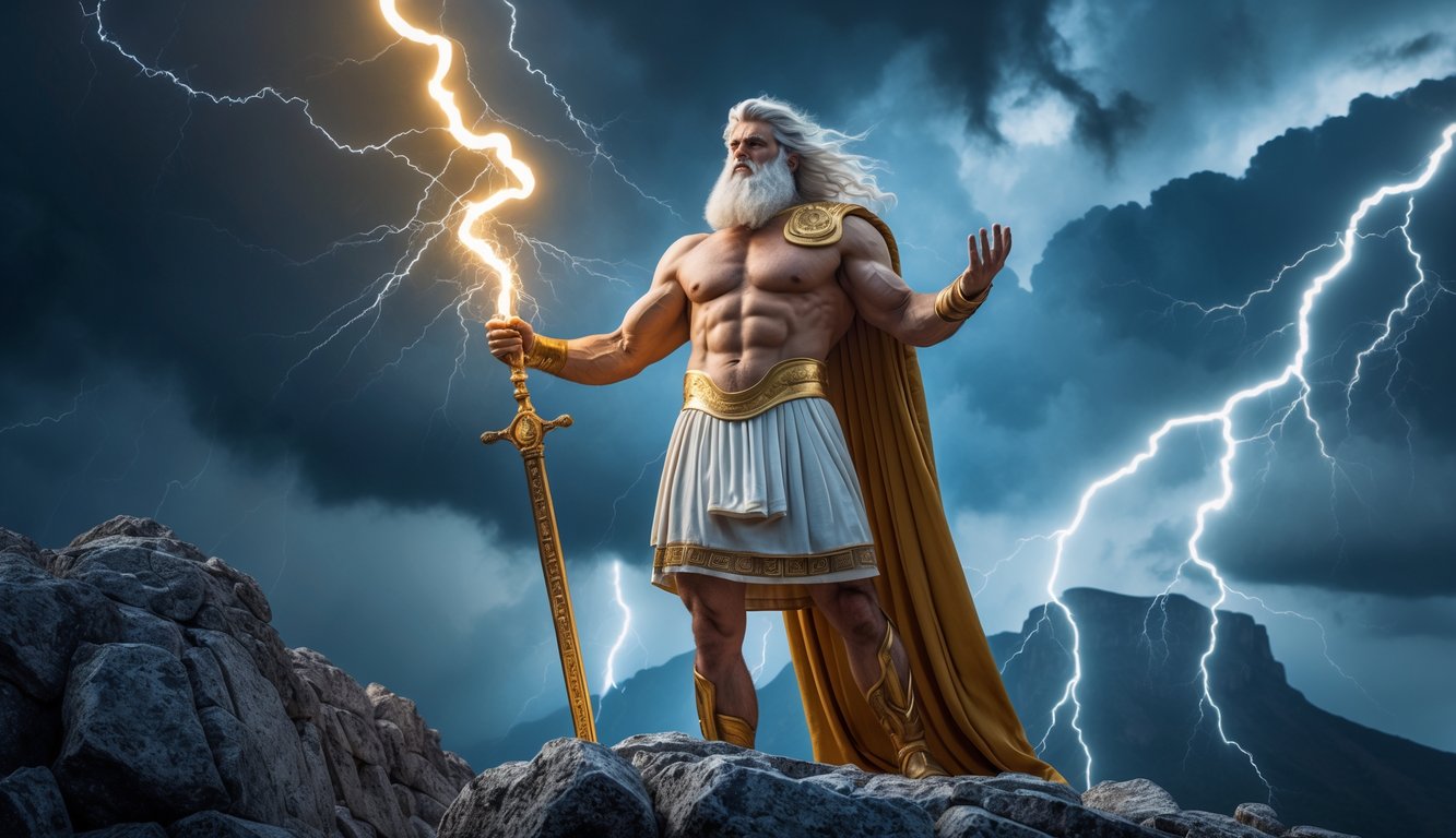 Seorang pria kuat dengan jubah kuno berdiri di puncak gunung dengan langit badai dan petir di latar belakang.