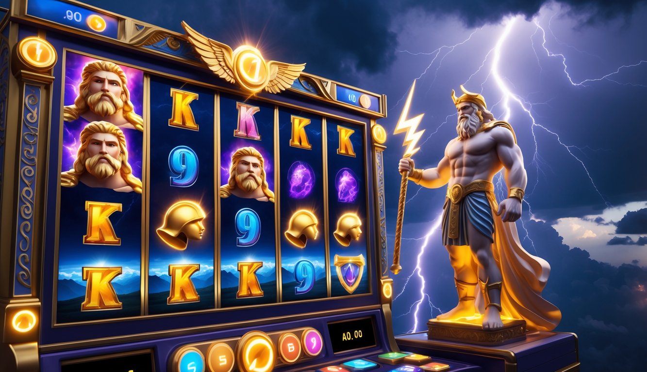 Adegan permainan slot online dengan tema dewa Yunani Zeus yang memegang petir di latar belakang langit badai.