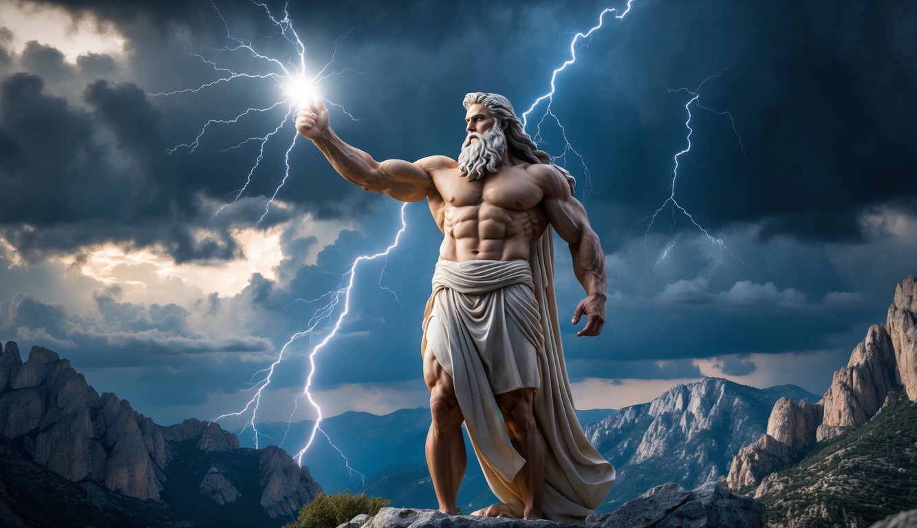 Seorang pria berwajah kuat berdiri di puncak gunung dengan awan gelap dan petir di latar belakang.