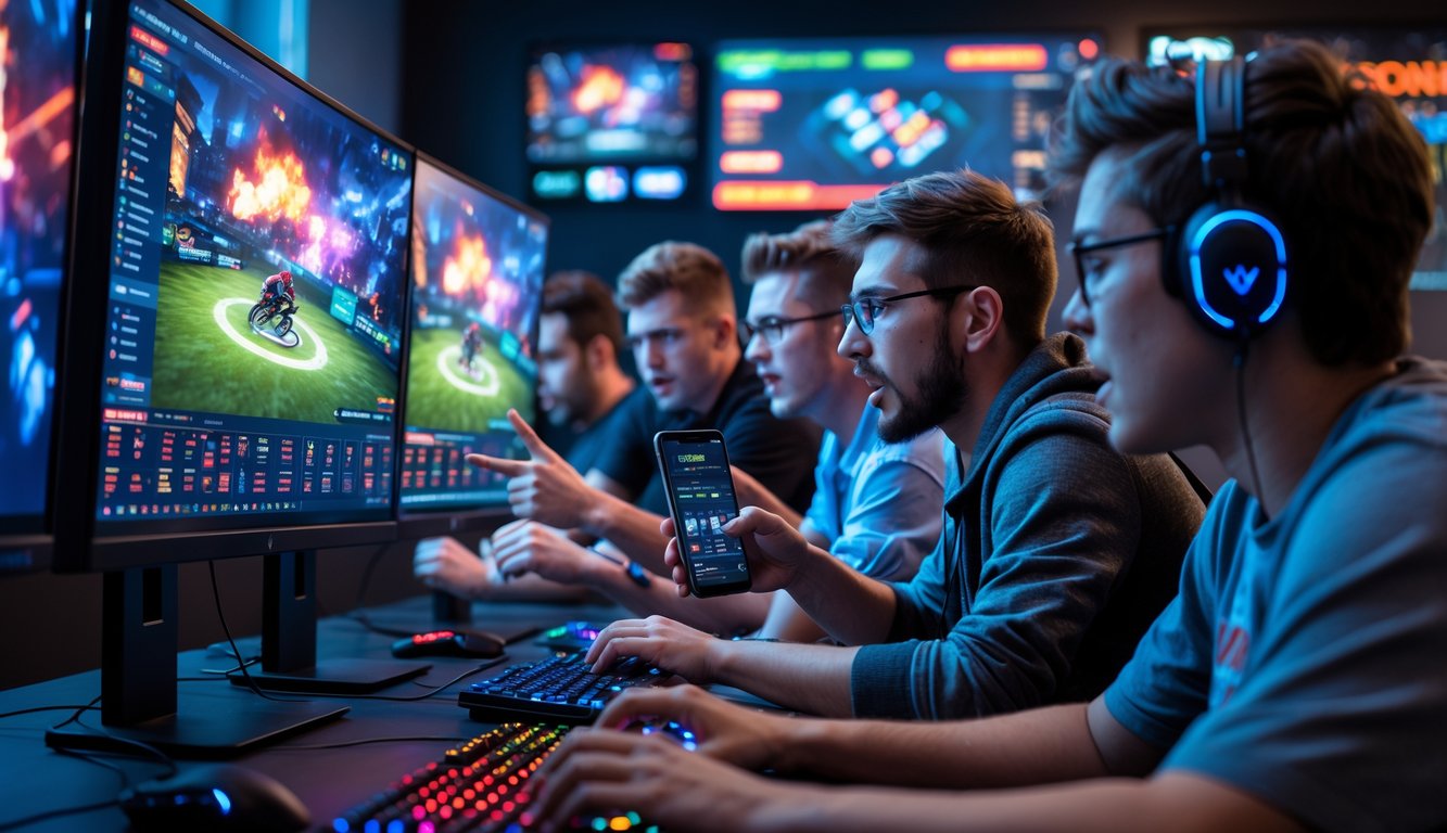 Sekelompok orang muda sedang fokus bermain dan memasang taruhan langsung pada pertandingan esports di sebuah ruangan gaming modern.