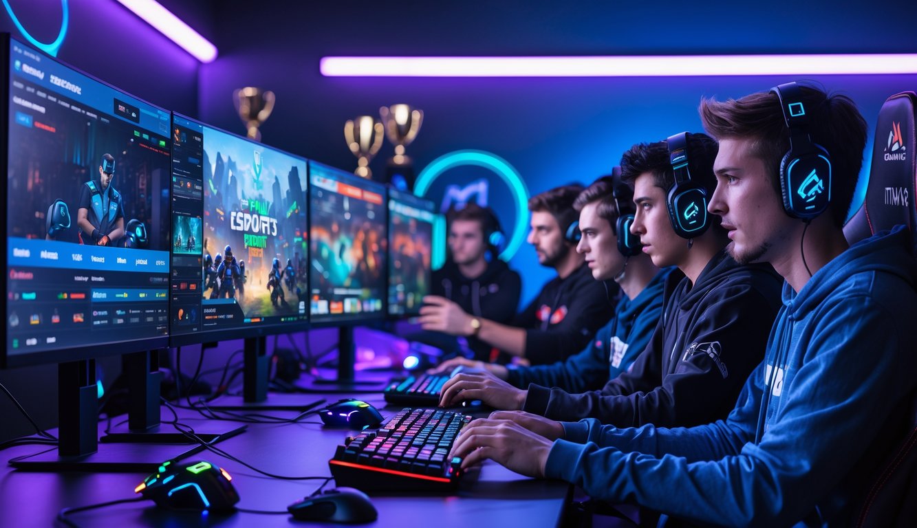 Beberapa pemain esports muda sedang fokus bermain di depan beberapa monitor dengan pencahayaan biru dan ungu di ruangan yang modern.
