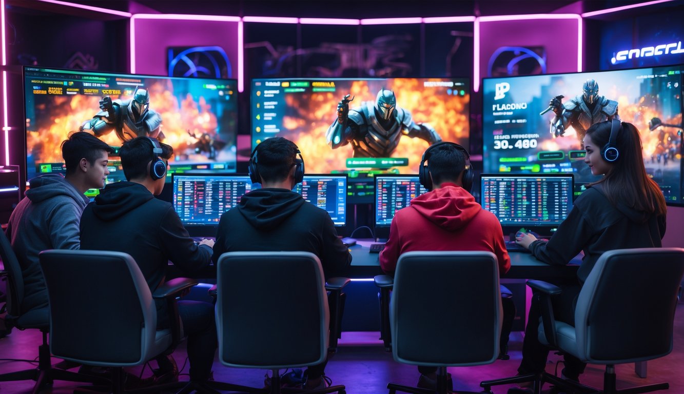 Sekelompok orang muda sedang memasang taruhan esports online di depan layar komputer dengan suasana ruangan yang modern dan pencahayaan neon.