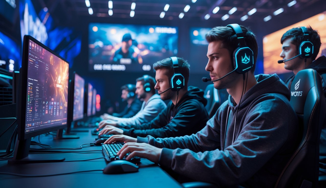 Sekelompok pemain esports fokus bermain di arena gaming yang modern dan profesional.