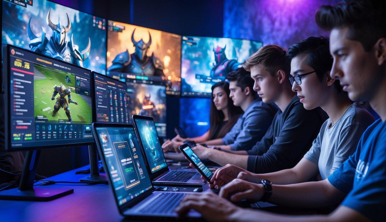 Sejumlah orang muda sedang fokus menggunakan perangkat digital untuk taruhan langsung Dota 2 dengan layar menampilkan permainan Dota 2 di latar belakang.