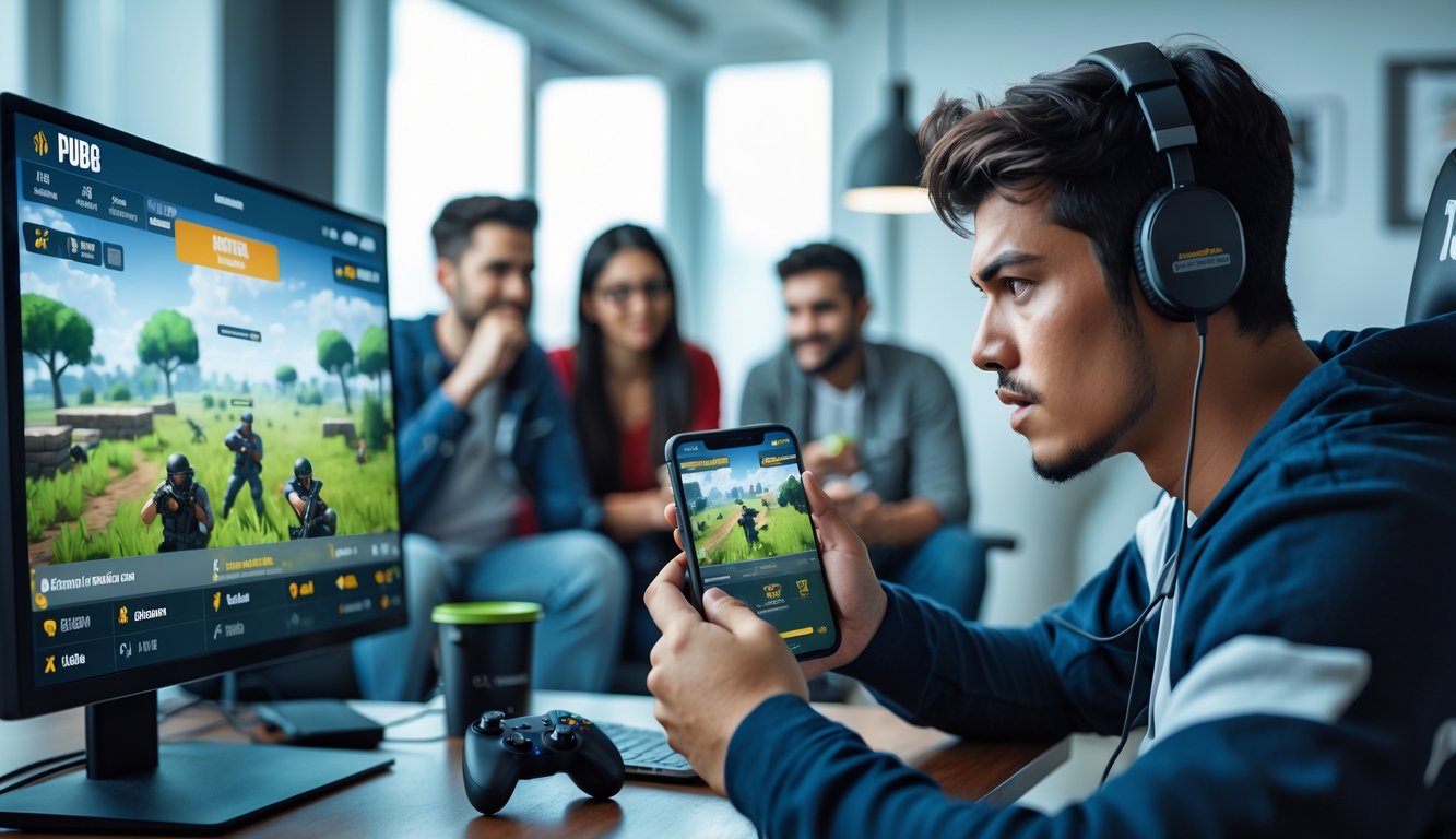 Seorang pria muda sedang fokus bermain PUBG Mobile di ponsel dengan teman-temannya menonton di latar belakang.