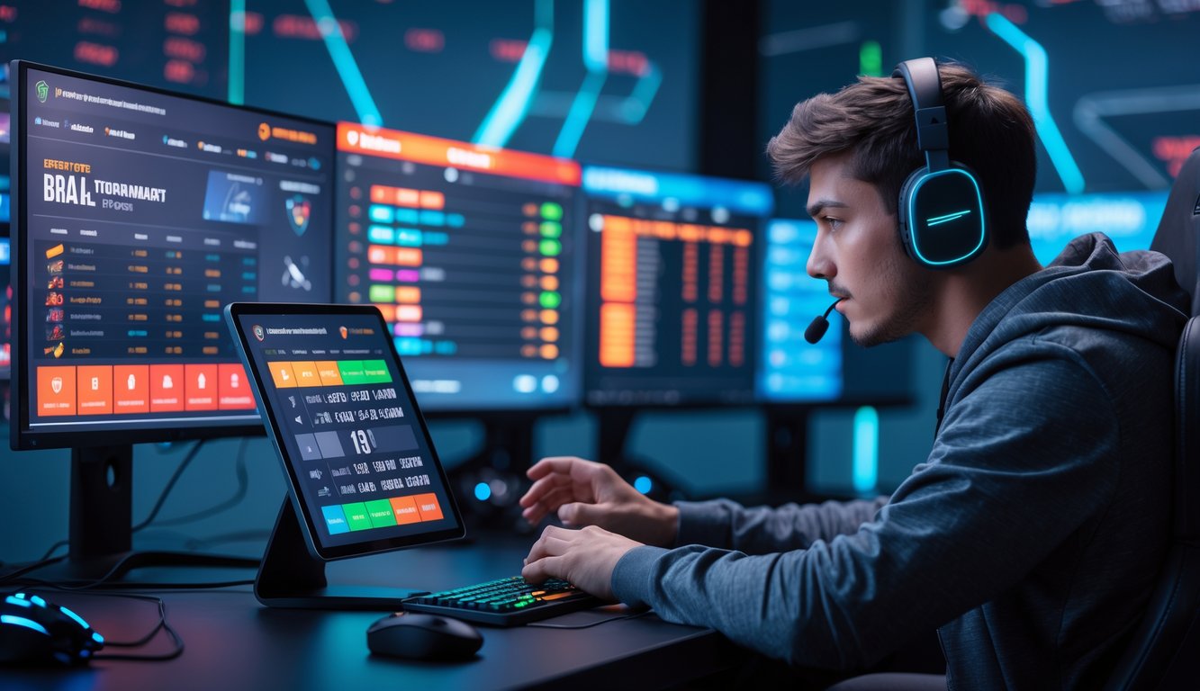 Seorang dewasa muda menggunakan tablet di depan beberapa layar komputer yang menampilkan permainan esports dan statistik taruhan.