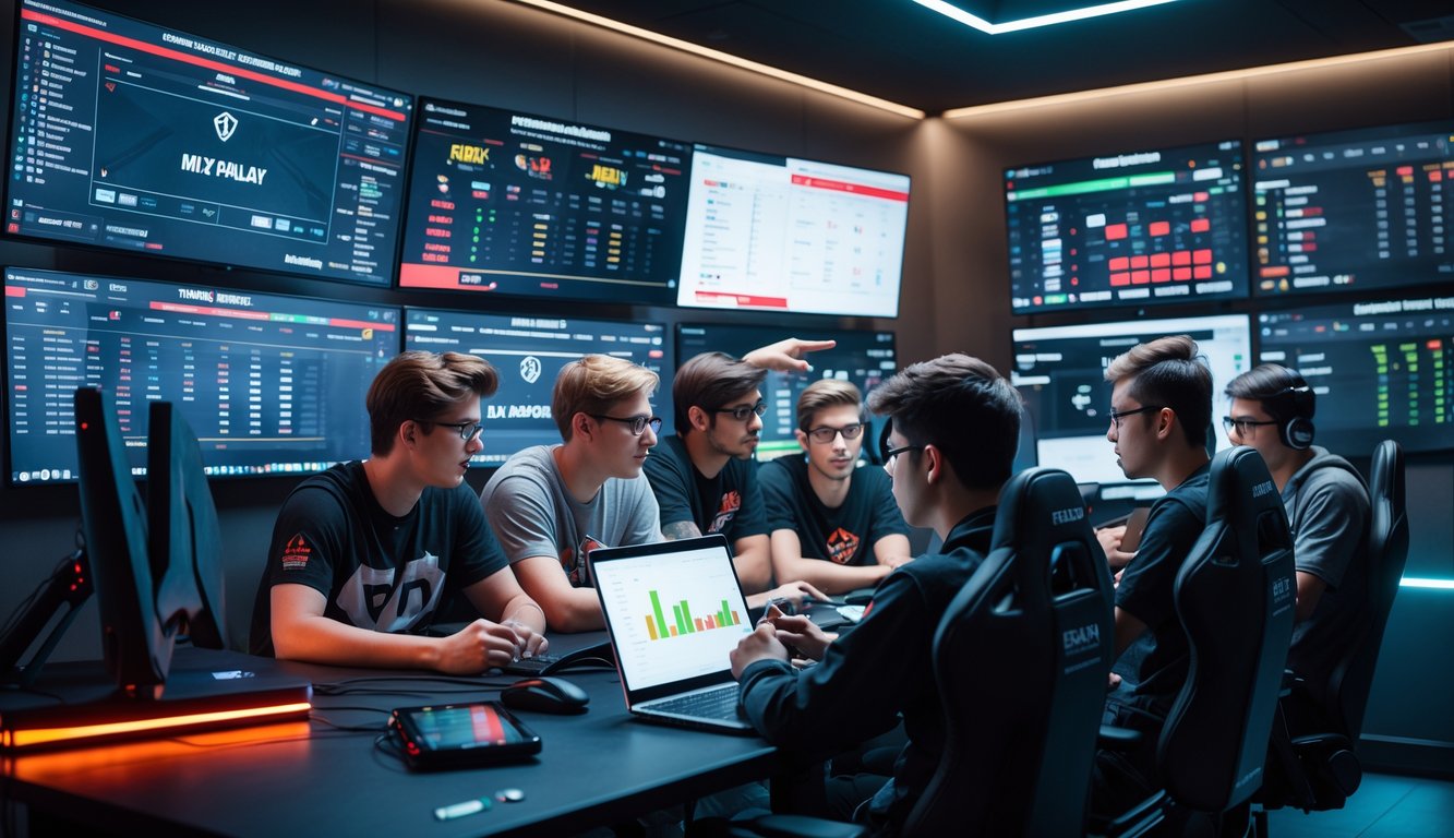 Sekelompok orang muda sedang berdiskusi dan merencanakan strategi esports di sebuah ruangan gaming modern dengan beberapa monitor besar.