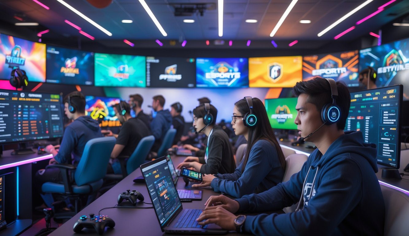 Beberapa orang muda sedang menggunakan komputer dan ponsel di ruang bermain esports modern dengan layar besar menampilkan pertandingan game.