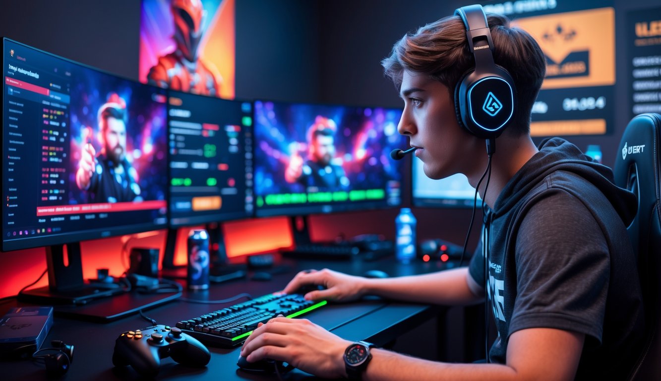 Seorang gamer muda sedang melakukan siaran langsung taruhan esports di ruangan gaming dengan beberapa monitor dan peralatan gaming.