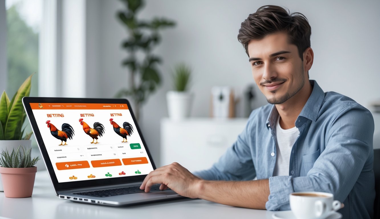 Seorang pria muda duduk di depan laptop di ruang kerja yang terang dan rapi, terlihat fokus dan percaya diri menggunakan platform taruhan sabung ayam online.